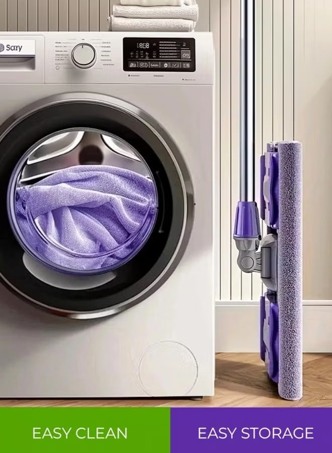 A Sony front-loading washing machine with a purple towel inside, shown beside a purple and gray microfiber floor mop. The scene is set in a clean indoor room with a striped wall and wood floor, and the bottom has green and purple banners reading 'EASY CLEAN' and 'EASY STORAGE'.