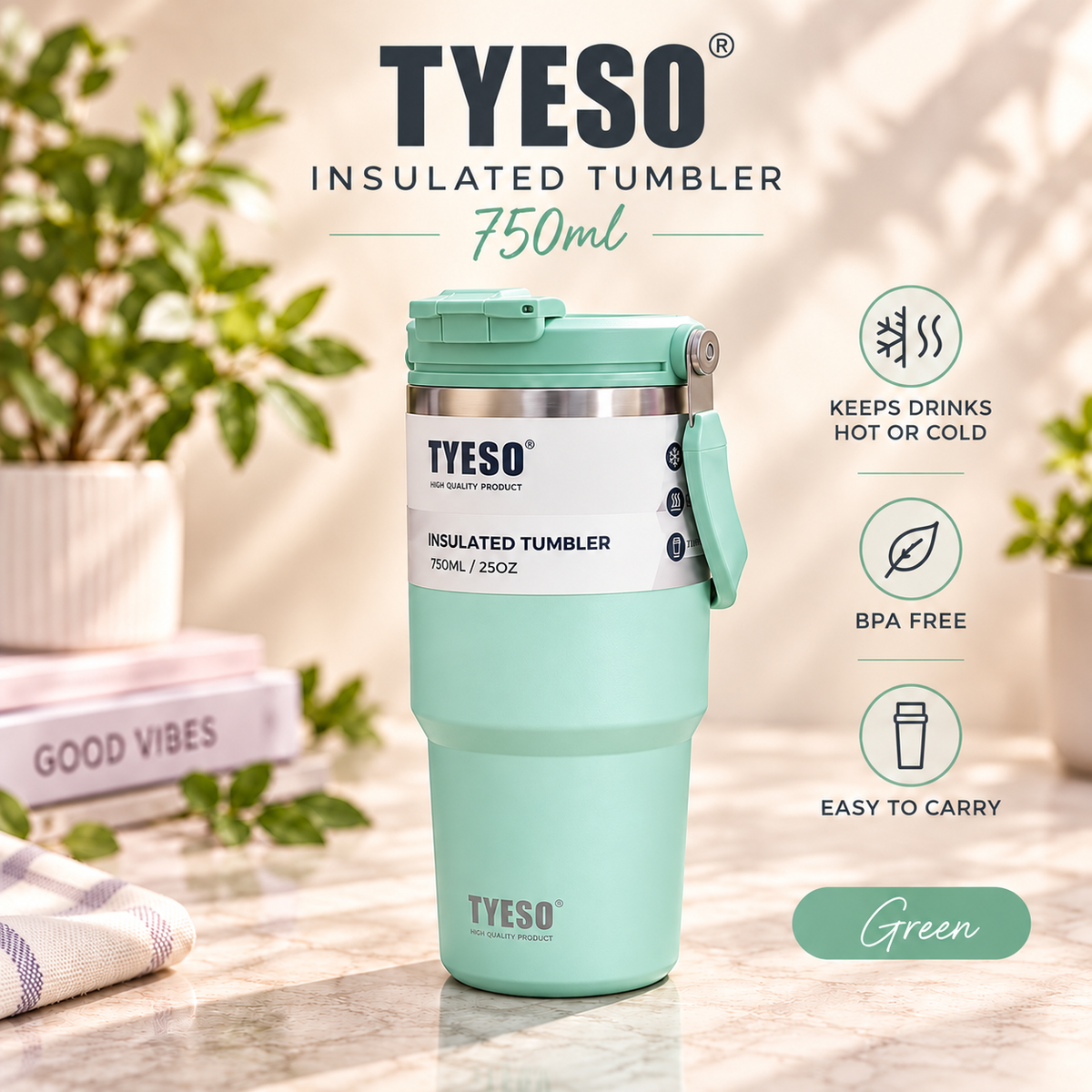 TYESO 750ml Vacuum Insulated Tumbler with Straw & Foldable Handle