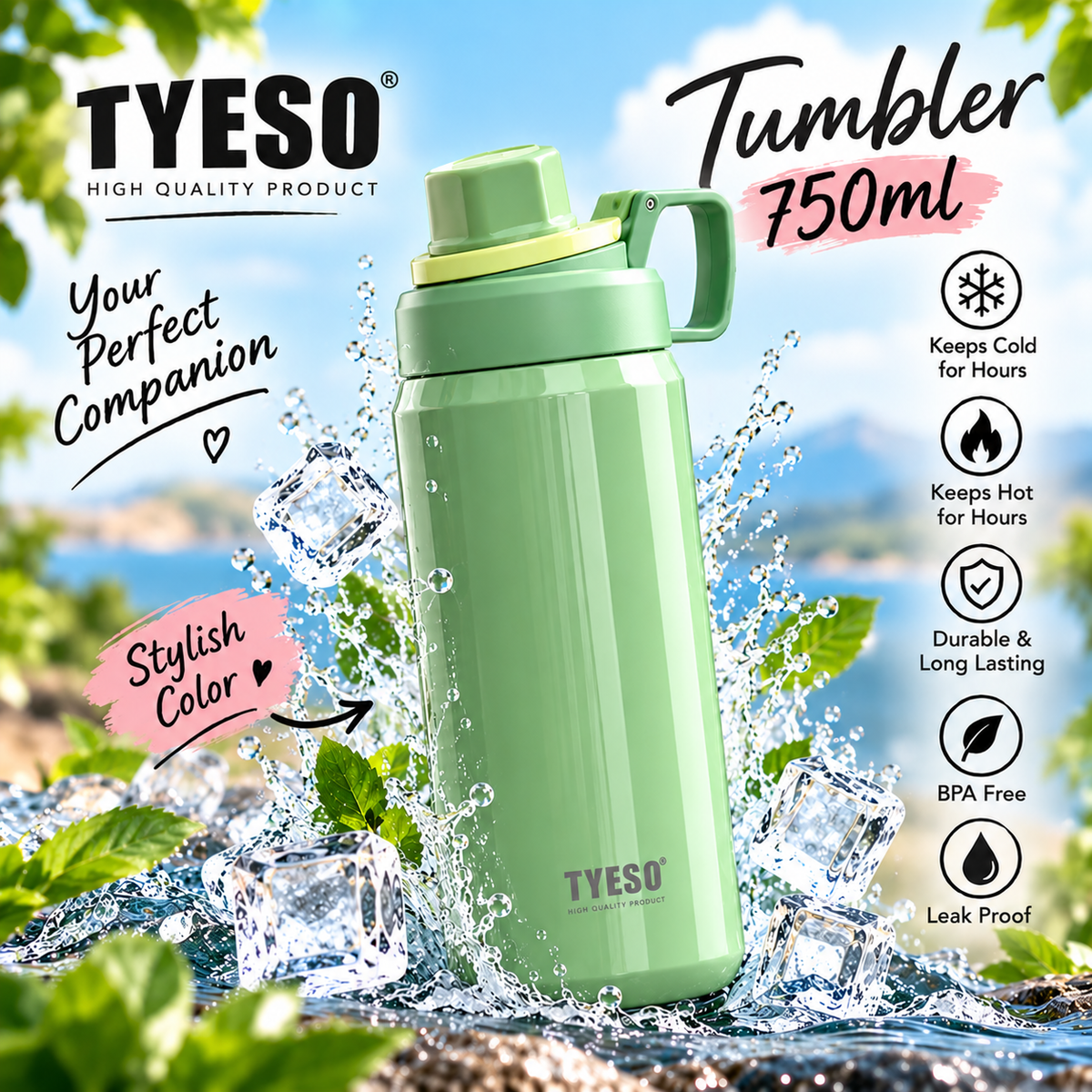 TYESO 750ml Insulated Tumbler with Handle – Hot & Cold Travel Bottle