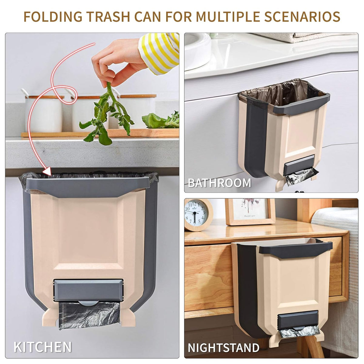 A collage showing a beige and dark gray folding trash can mounted on a sink, countertop, wall, and nightstand, with a hand dropping leaves into the bin. Text reads 'FOLDING TRASH CAN FOR MULTIPLE SCENARIOS' with labels 'KITCHEN,' 'BATHROOM,' and 'NIGHTSTAND.