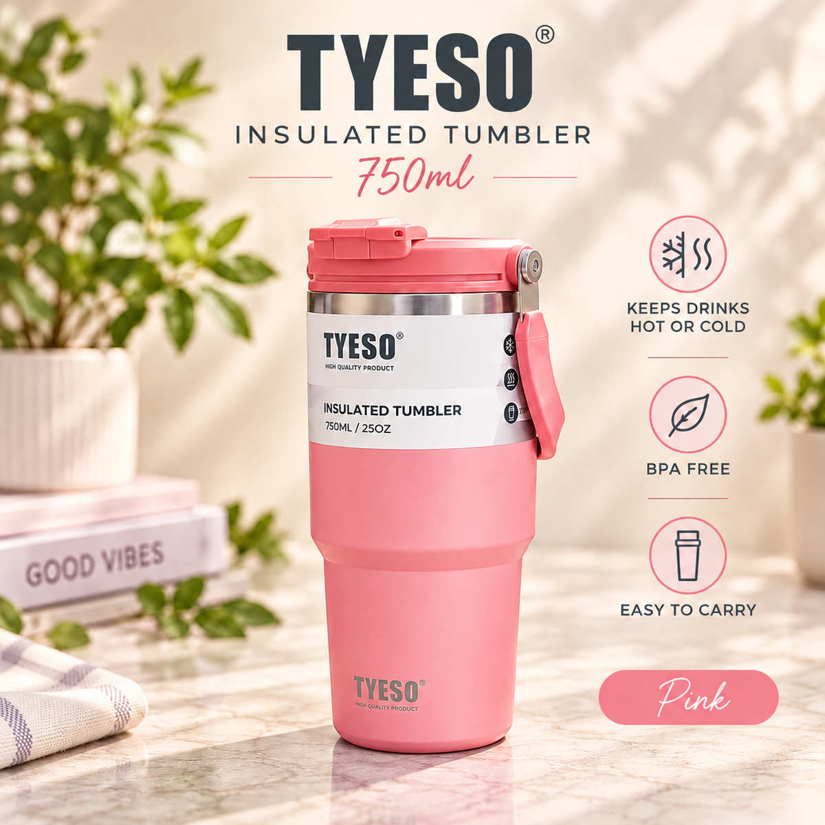 TYESO 750ml Vacuum Insulated Tumbler with Straw & Foldable Handle