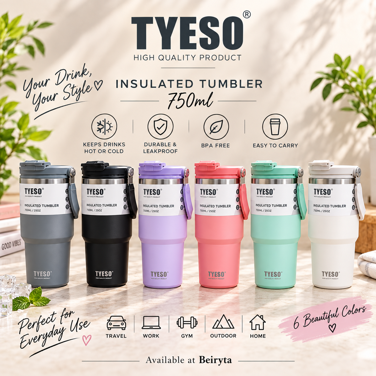 TYESO 750ml Vacuum Insulated Tumbler with Straw & Foldable Handle