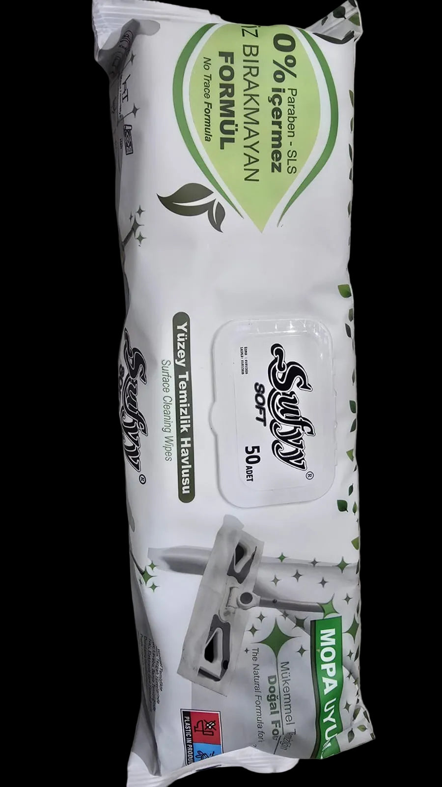 A package of Turkish Mopa Vachir hand wipes, featuring a white and green design with a clear window showing the wipes inside, placed on a gray tiled surface.