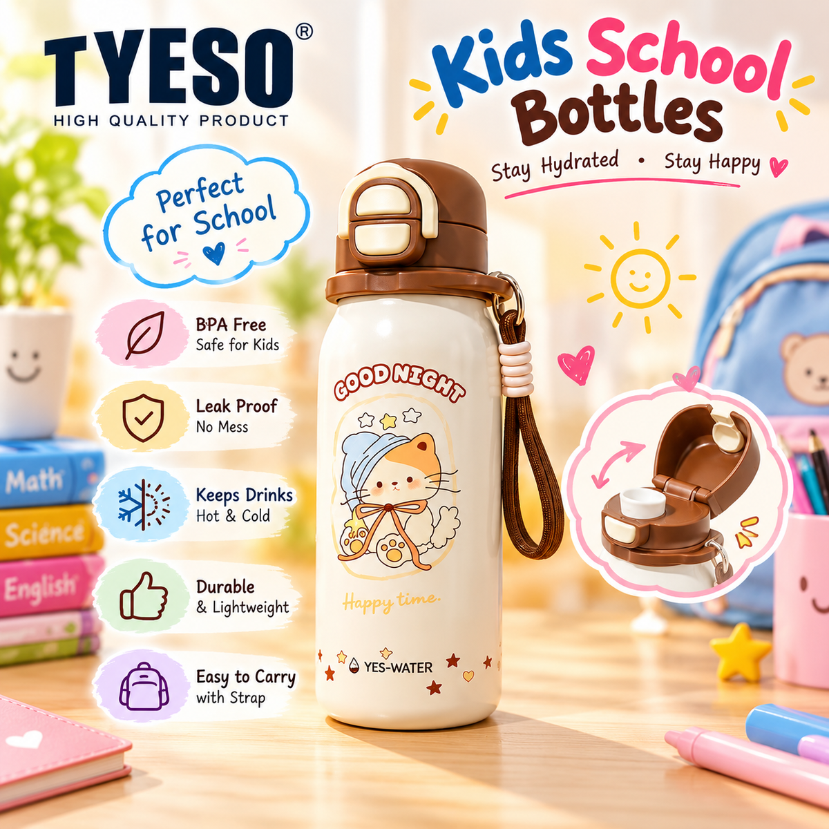 TYESO Kids 460ml Insulated Water Bottle with Strap
