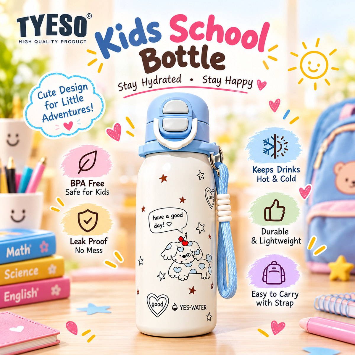 TYESO Kids 460ml Insulated Water Bottle with Strap