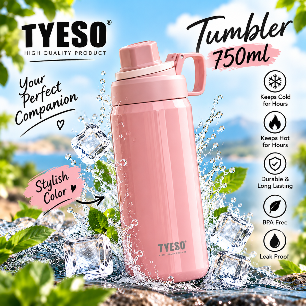 TYESO 750ml Insulated Tumbler with Handle – Hot & Cold Travel Bottle