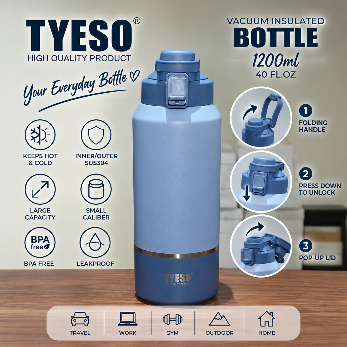 TYESO 1200ml Vacuum Insulated Bottle with Folding Handle