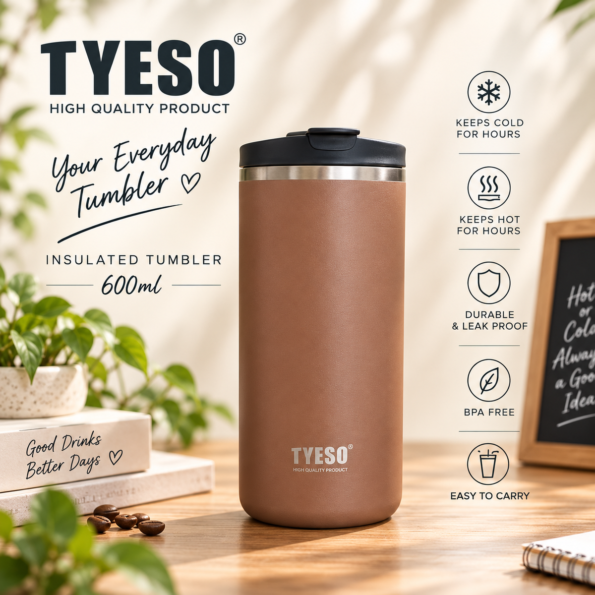 TYESO 600ml Vacuum Insulated Press Tumbler