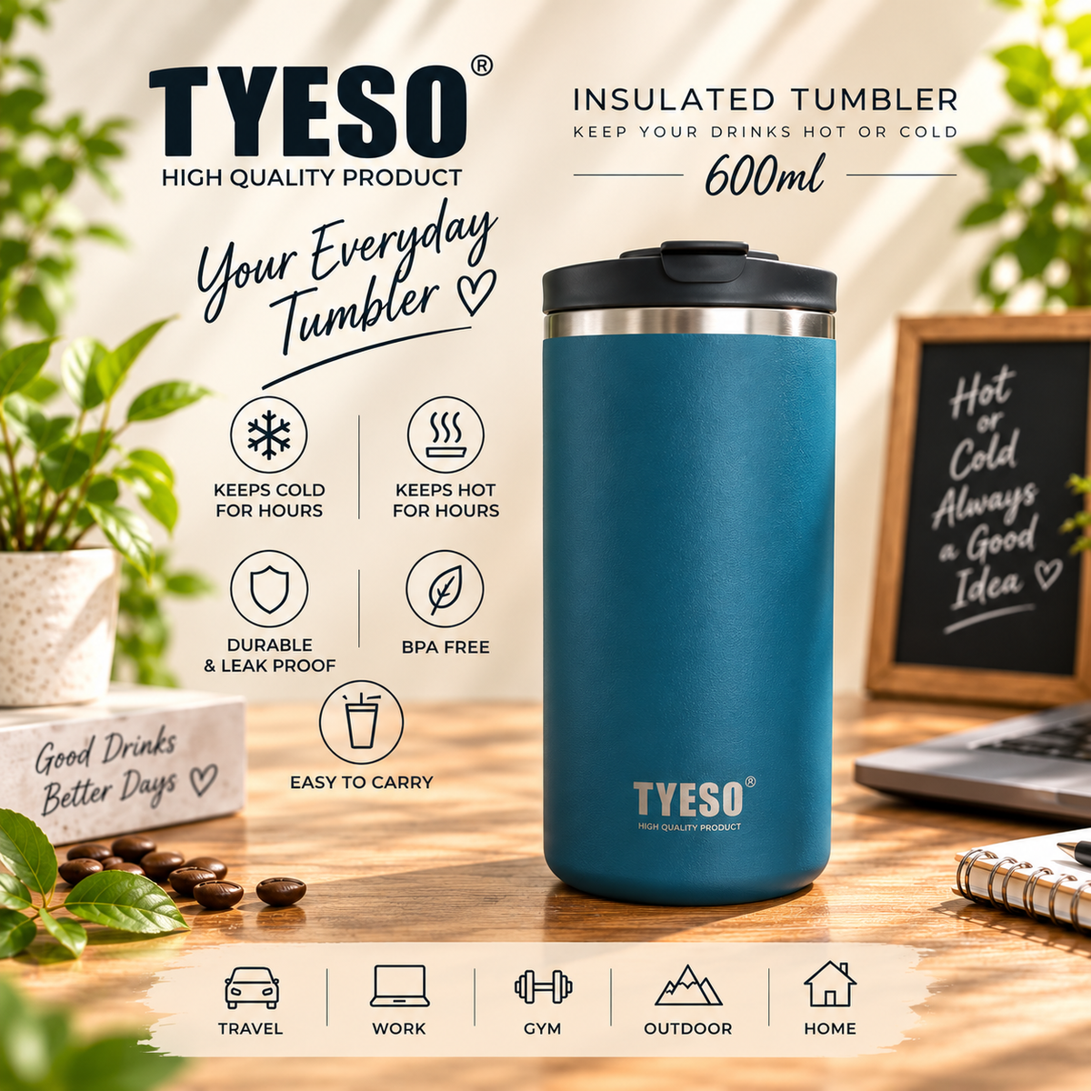 TYESO 600ml Vacuum Insulated Press Tumbler