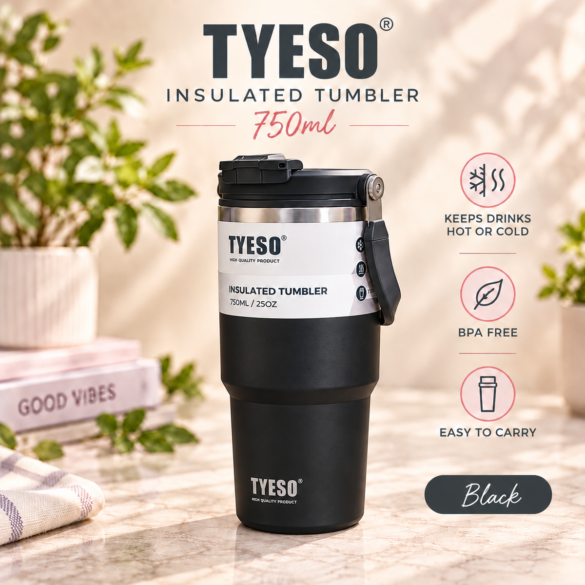 TYESO 750ml Vacuum Insulated Tumbler with Straw & Foldable Handle