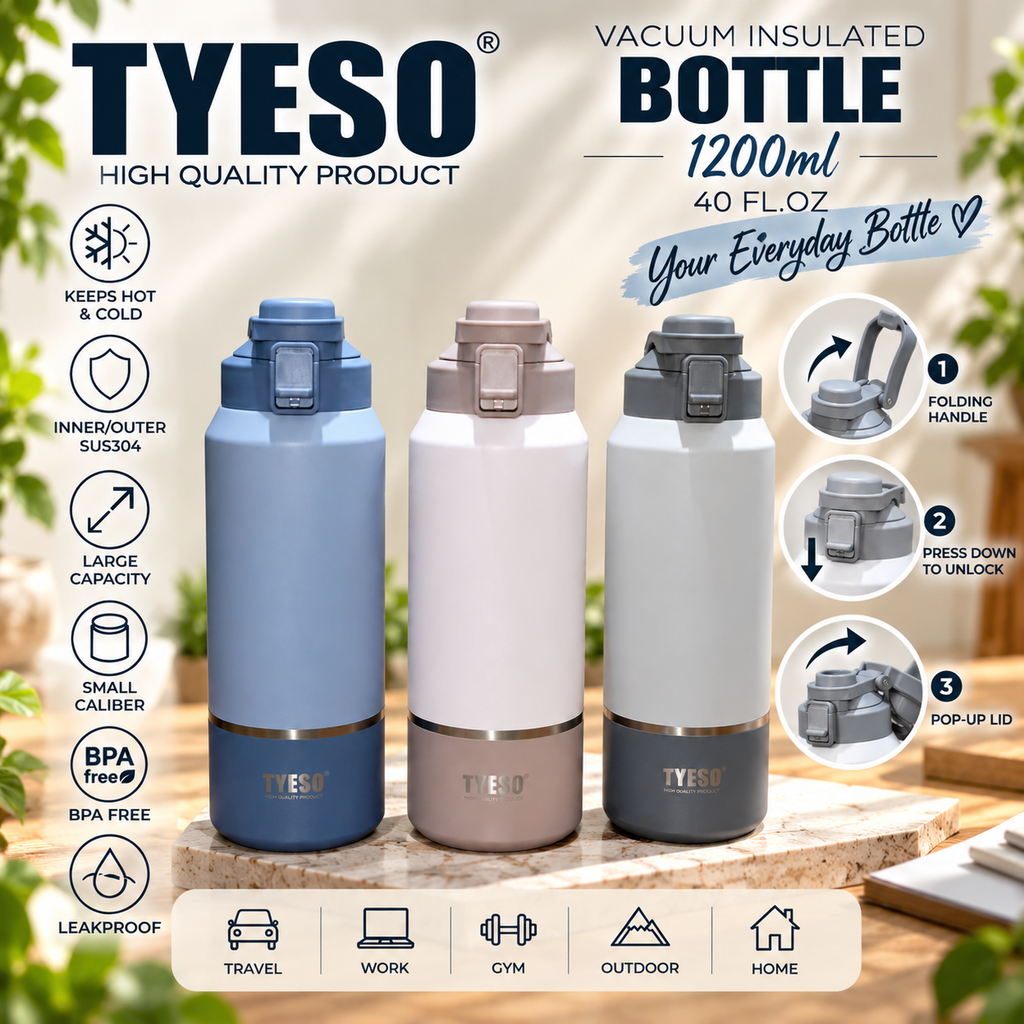TYESO 1200ml Vacuum Insulated Bottle with Folding Handle