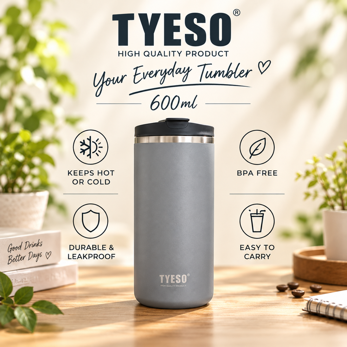 TYESO 600ml Vacuum Insulated Press Tumbler