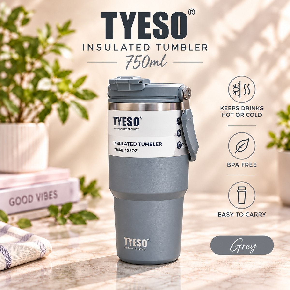 TYESO 750ml Vacuum Insulated Tumbler with Straw & Foldable Handle