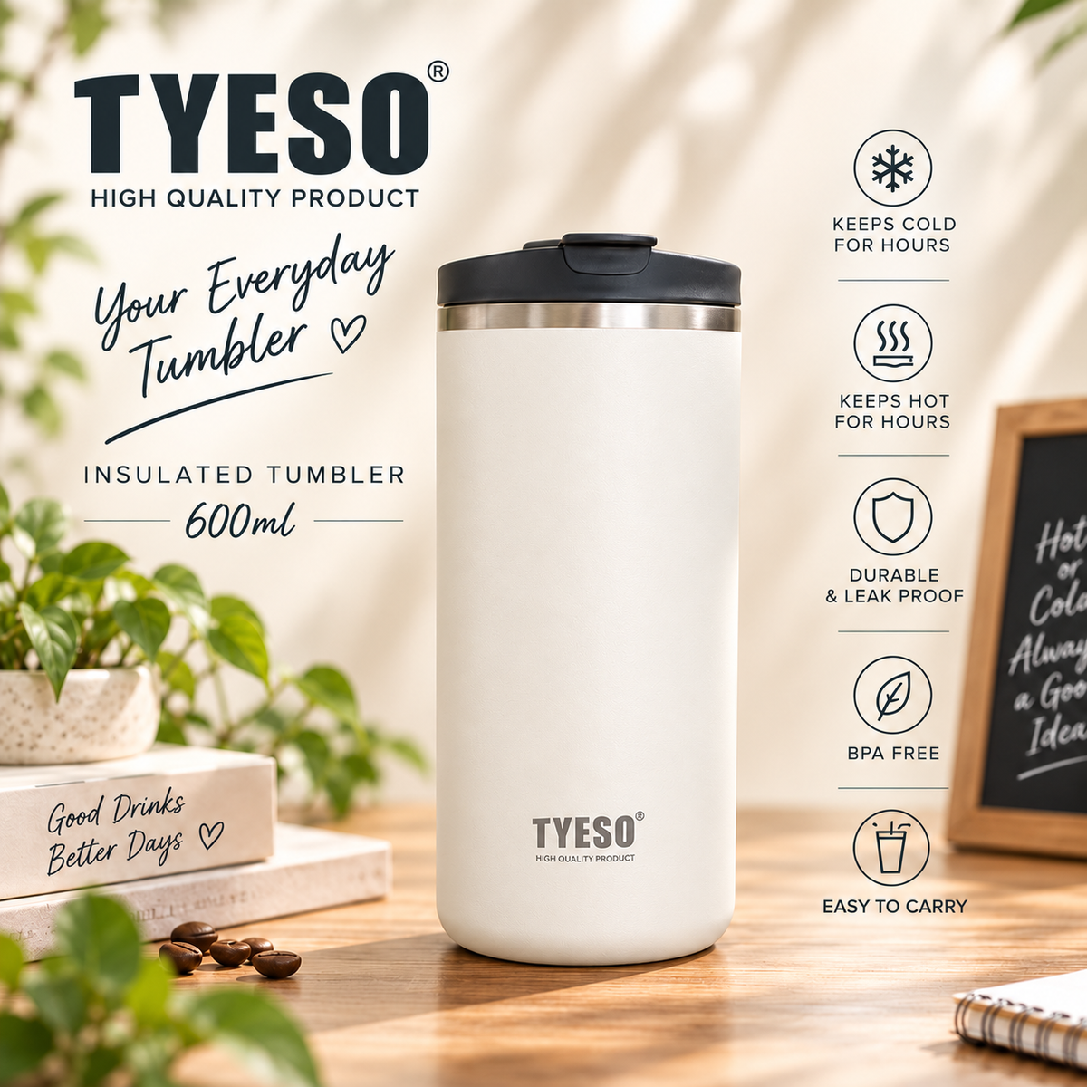 TYESO 600ml Vacuum Insulated Press Tumbler
