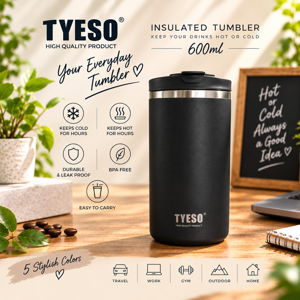 TYESO 600ml Vacuum Insulated Press Tumbler