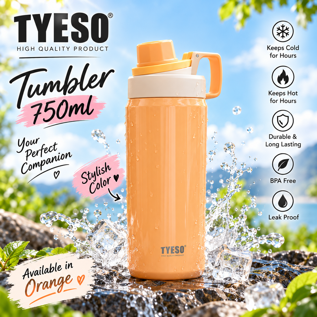 TYESO 750ml Insulated Tumbler with Handle – Hot & Cold Travel Bottle