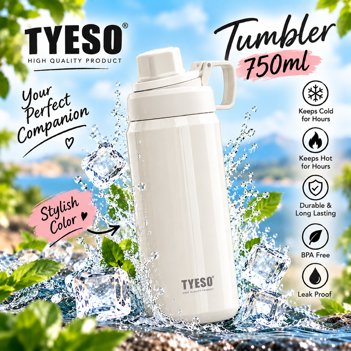 TYESO 750ml Insulated Tumbler with Handle – Hot & Cold Travel Bottle