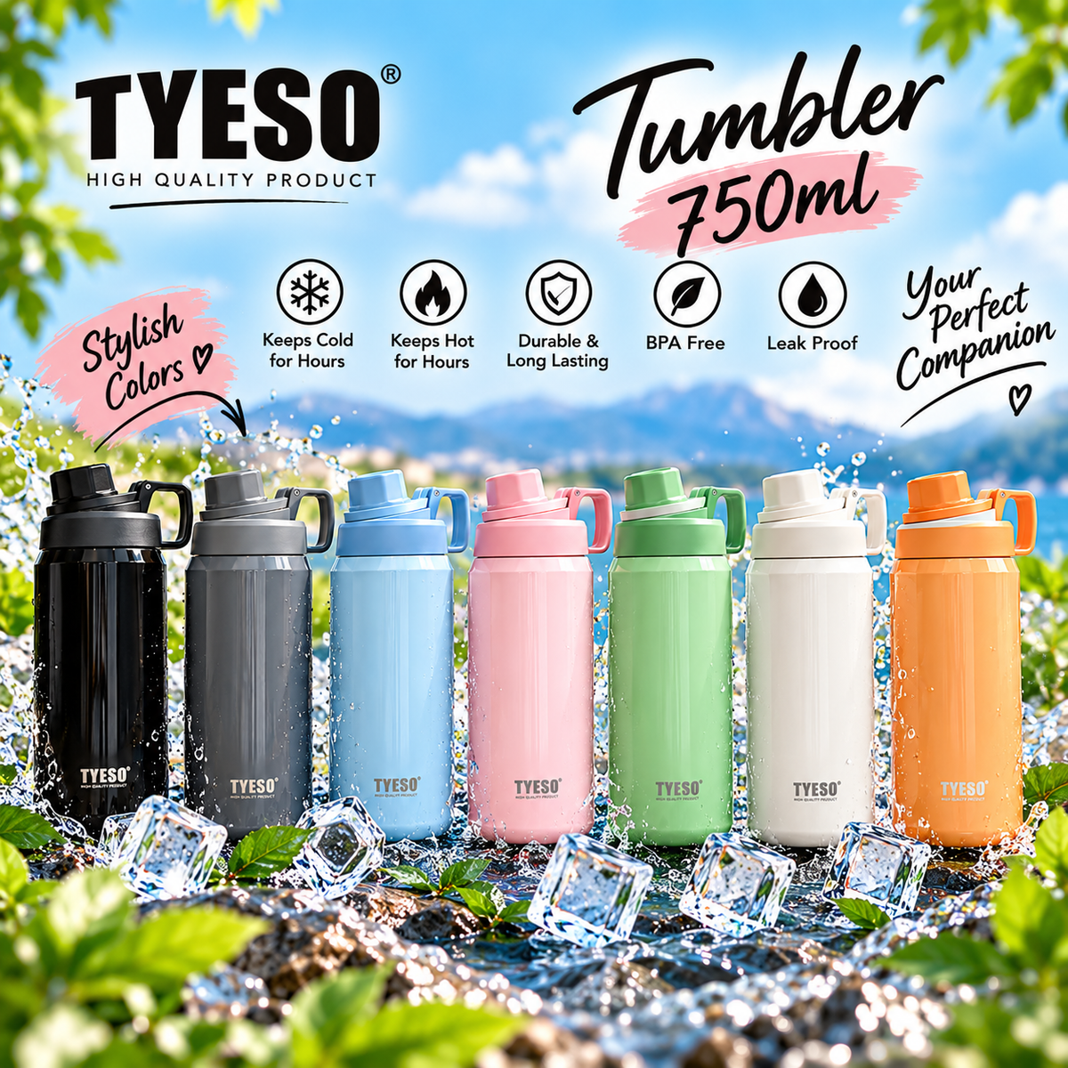 TYESO 750ml Insulated Tumbler with Handle – Hot & Cold Travel Bottle