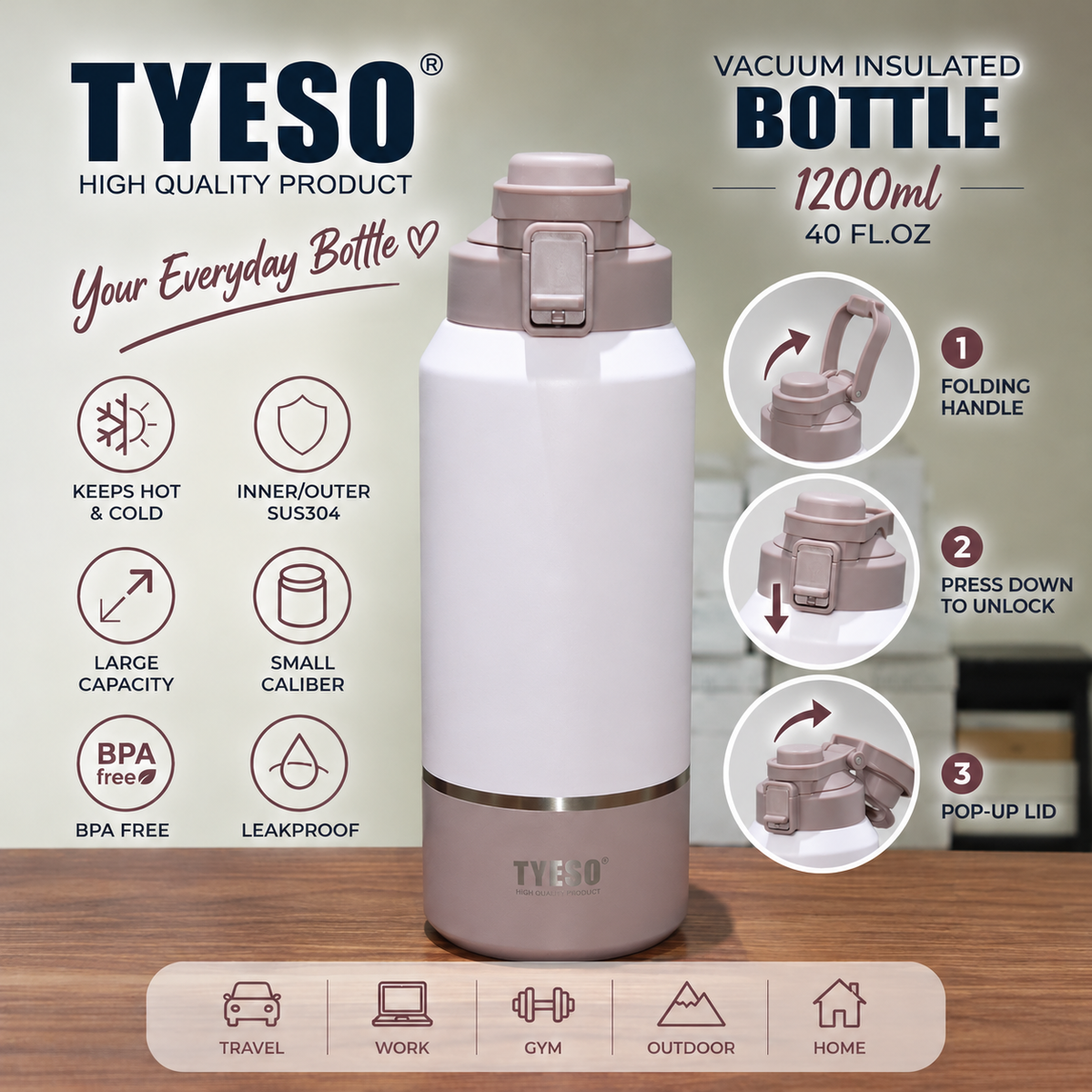 TYESO 1200ml Vacuum Insulated Bottle with Folding Handle