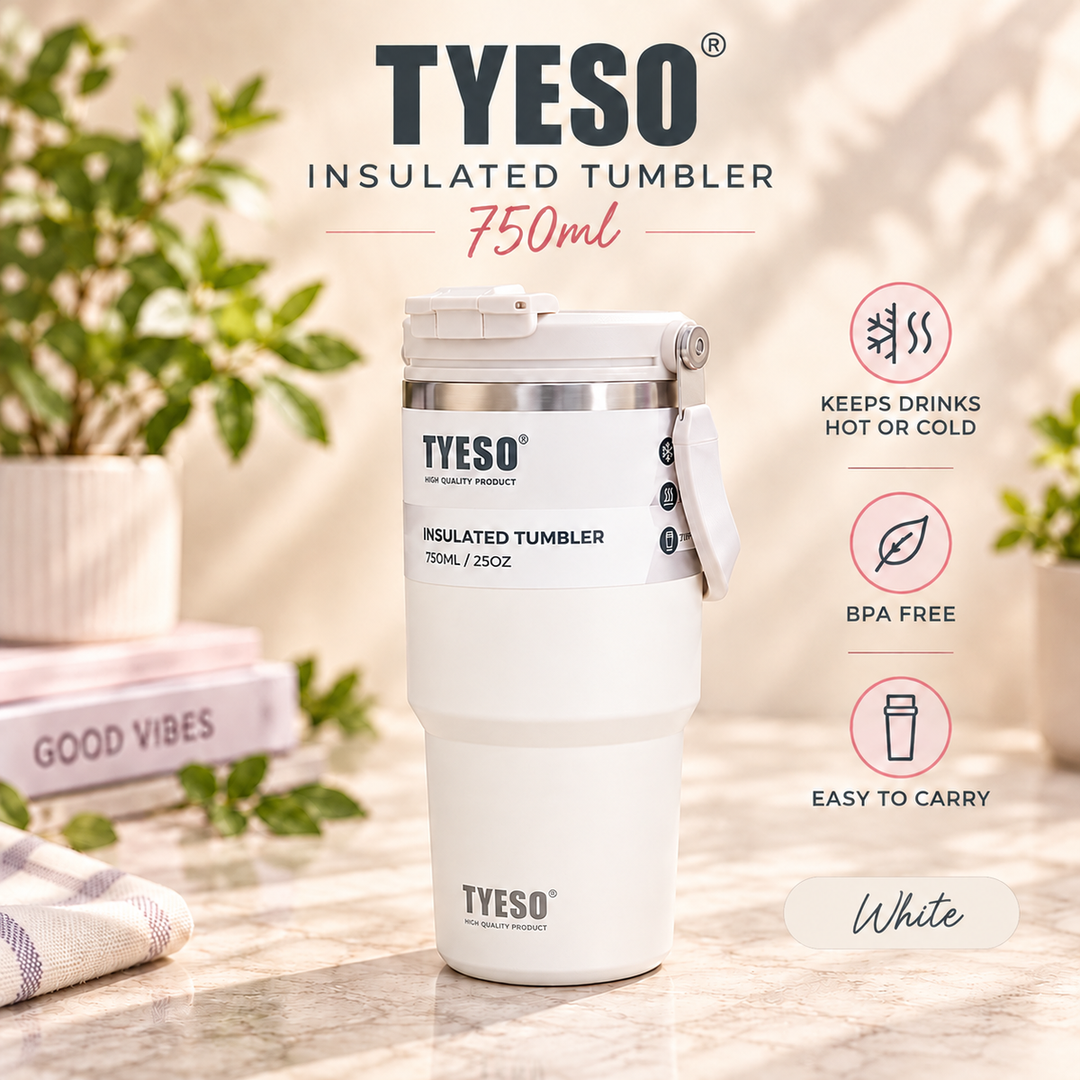 TYESO 750ml Vacuum Insulated Tumbler with Straw & Foldable Handle