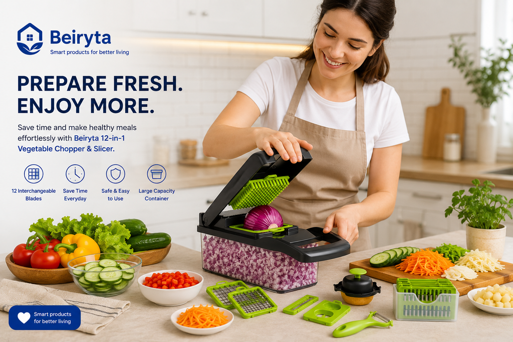 Person preparing vegetables with the Beiryta 12-in-1 Vegetable Chopper in a modern kitchen.