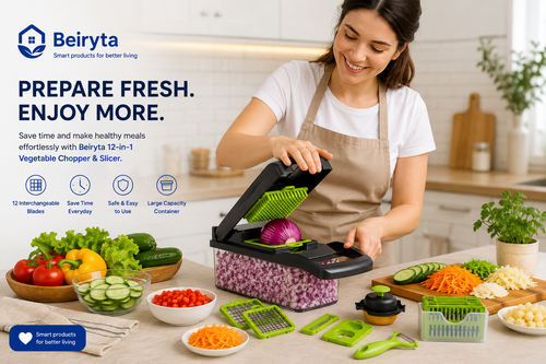 Person preparing vegetables with the Beiryta 12-in-1 Vegetable Chopper in a modern kitchen.