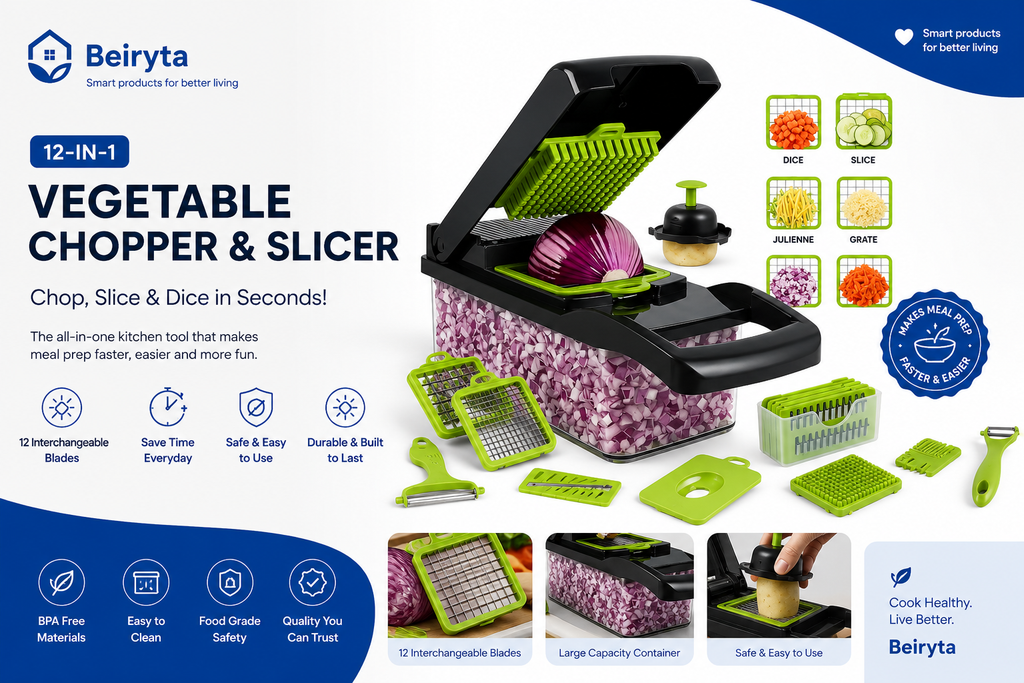 Beiryta 12-in-1 Vegetable Chopper & Slicer with interchangeable blades for chopping, slicing, dicing and grating vegetables quickly.
