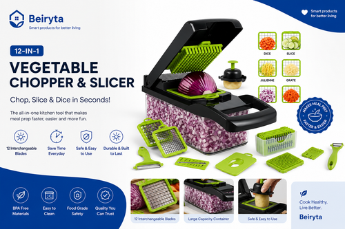 Beiryta 12-in-1 Vegetable Chopper & Slicer with interchangeable blades for chopping, slicing, dicing and grating vegetables quickly.