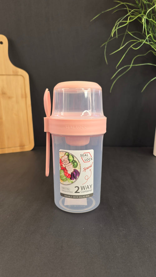 Beiryta pink two-way salad container with separate upper compartment and reusable fork
