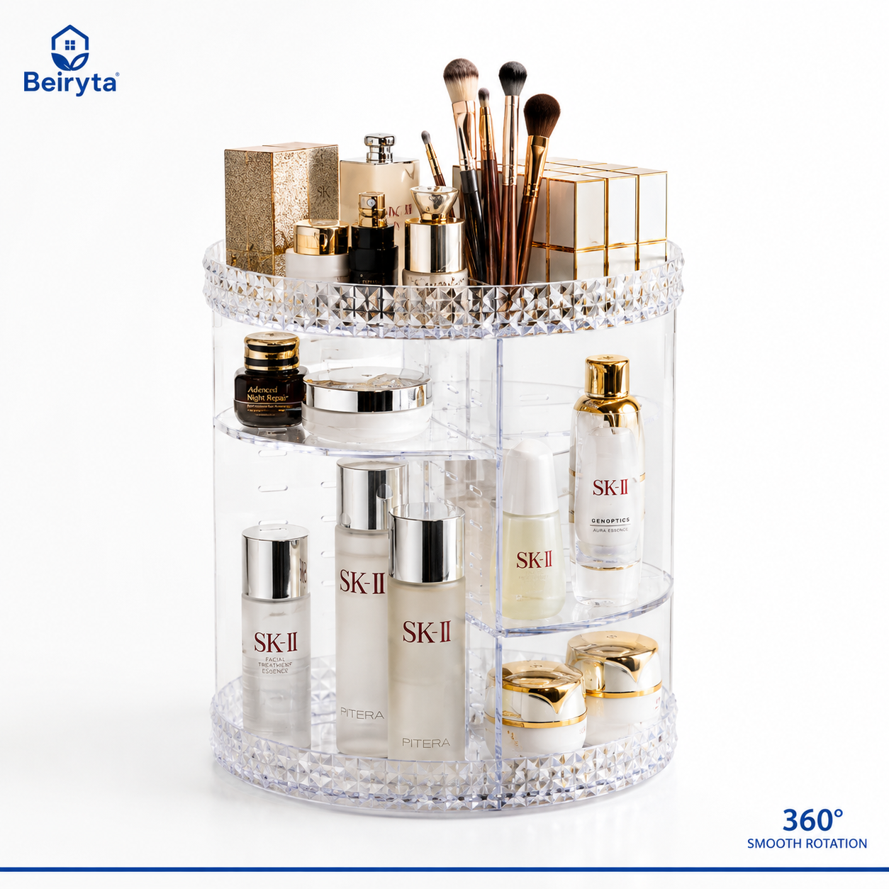 Beiryta 360° Rotating Makeup Organizer with large storage compartments for cosmetics, skincare, perfumes, and makeup brushes on a clean white background.