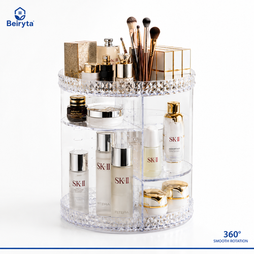Beiryta 360° Rotating Makeup Organizer with large storage compartments for cosmetics, skincare, perfumes, and makeup brushes on a clean white background.