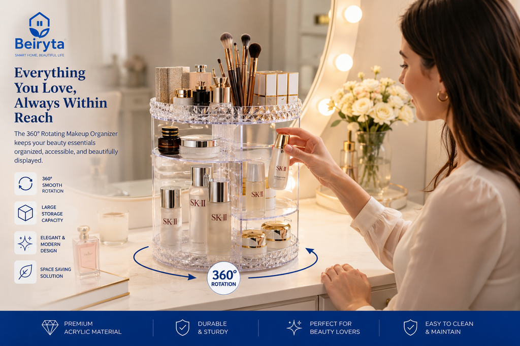 Woman using the Beiryta 360° Rotating Makeup Organizer to organize skincare and cosmetics on a vanity table