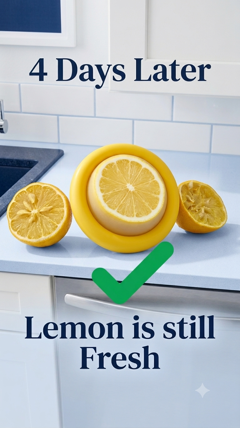 A kitchen countertop scene with three yellow lemons, one whole and two halved, under the text '4 Days Later' and 'Lemon is still Fresh,' with a green checkmark graphic.