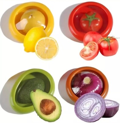 Four reusable produce saver pods for lemon, tomato, avocado and onion halves