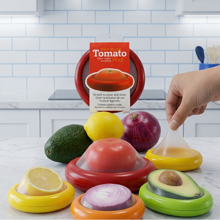 A hand demonstrates a kitchen tool by stretching a tomato over a red ring-shaped holder, with other produce holders in yellow, orange, and green shown around it on a kitchen counter. The product packaging card for 'Tomato Stretch & Store' is visible behind the items.