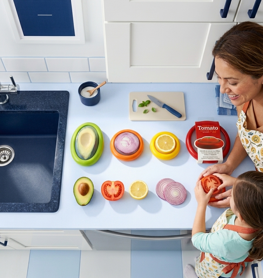 A woman and child prepare food on a light blue kitchen counter, with sliced avocado, tomato, lemon, and red onion arranged alongside a red tomato container. The scene is brightly lit and styled as a clean lifestyle product demonstration.