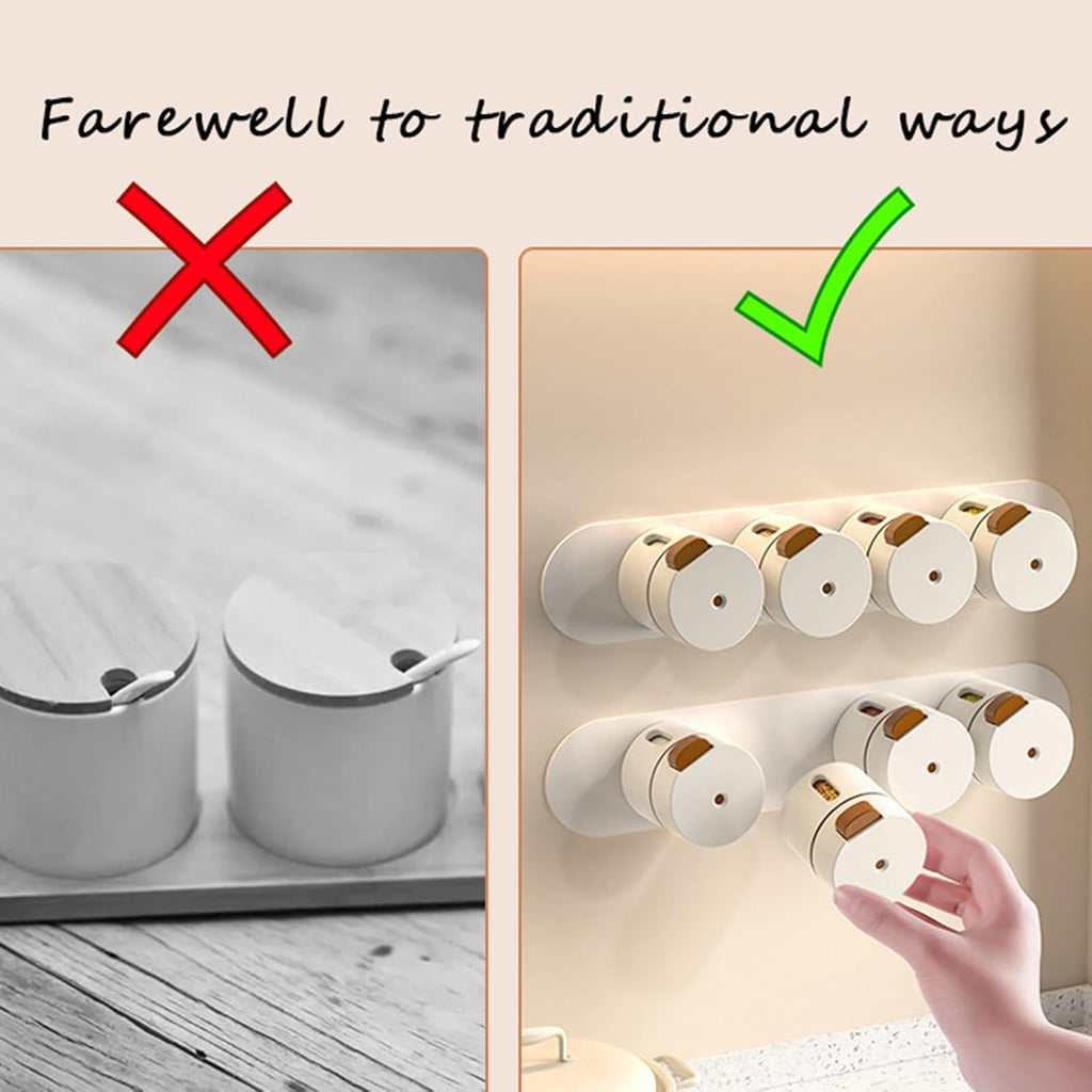 A promotional comparison graphic showing traditional metal spice jars on a tray with a red X mark, versus modern wall-mounted cylindrical holders with a hand holding one and a green check mark. Text at the top reads, 'Farewell to traditional ways.