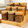 Nine-jar bamboo spice rack filled with assorted herbs and seasonings