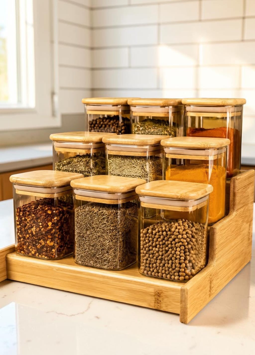Nine-jar bamboo spice rack filled with assorted herbs and seasonings