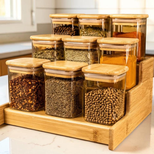 Nine-jar bamboo spice rack filled with assorted herbs and seasonings