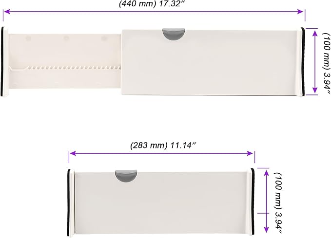 White drawer pull handle shown in two views with purple dimension arrows and measurements, on a light gray background.