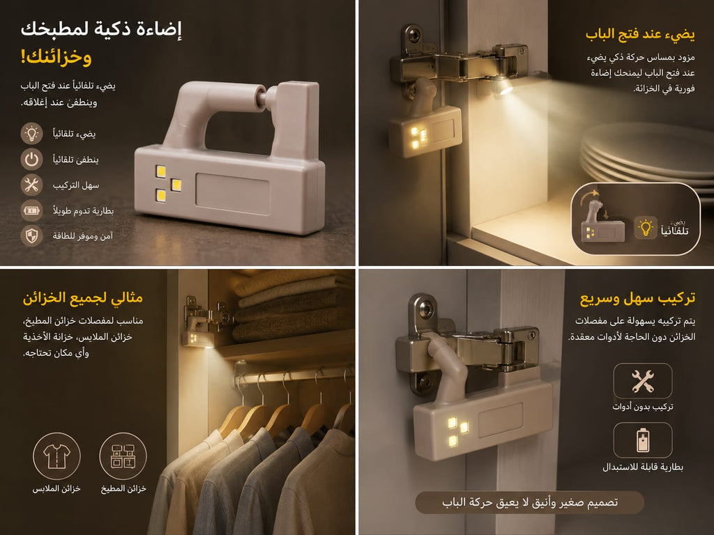 Beiryta automatic cabinet hinge LED light shown installed in kitchen and wardrobe cabinets2
