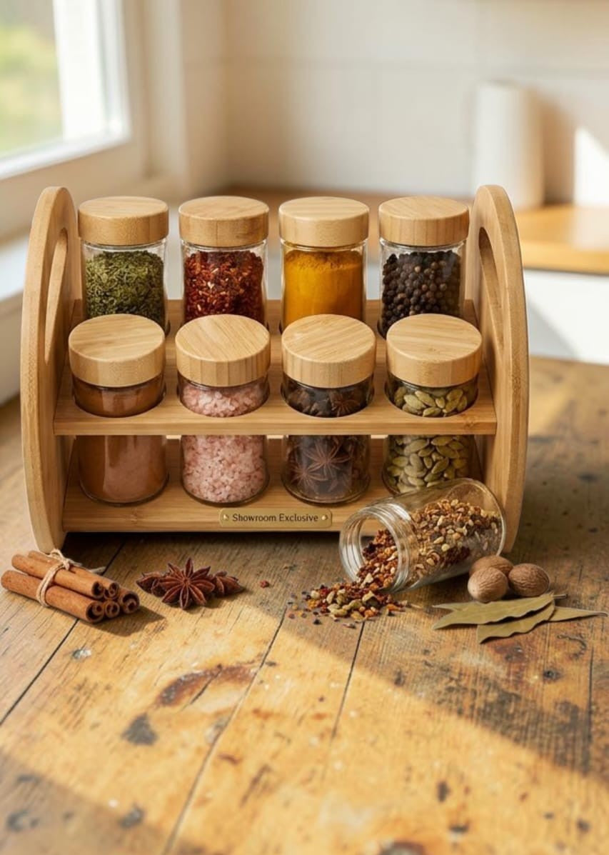 Bamboo spice rack filled with assorted herbs, spices and seasonings