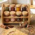 Bamboo spice rack filled with assorted herbs, spices and seasonings