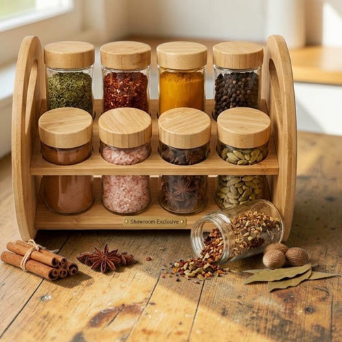 Bamboo spice rack filled with assorted herbs, spices and seasonings