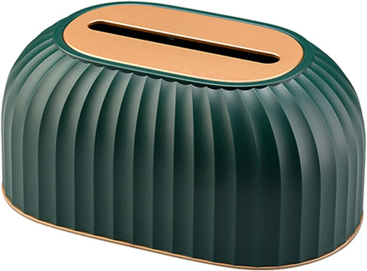 A ribbed oval tissue box cover in dark green with a metallic copper-gold interior and top opening, shown on a plain white background.