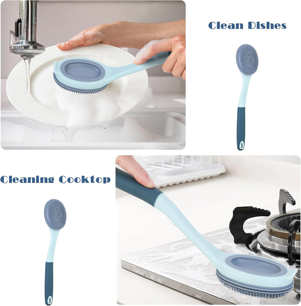 A collage showing a dual-sided dishwashing and cooktop cleaning brush in use. The top-left panel shows hands washing a plate under a faucet, labeled 'Clean Dishes'.