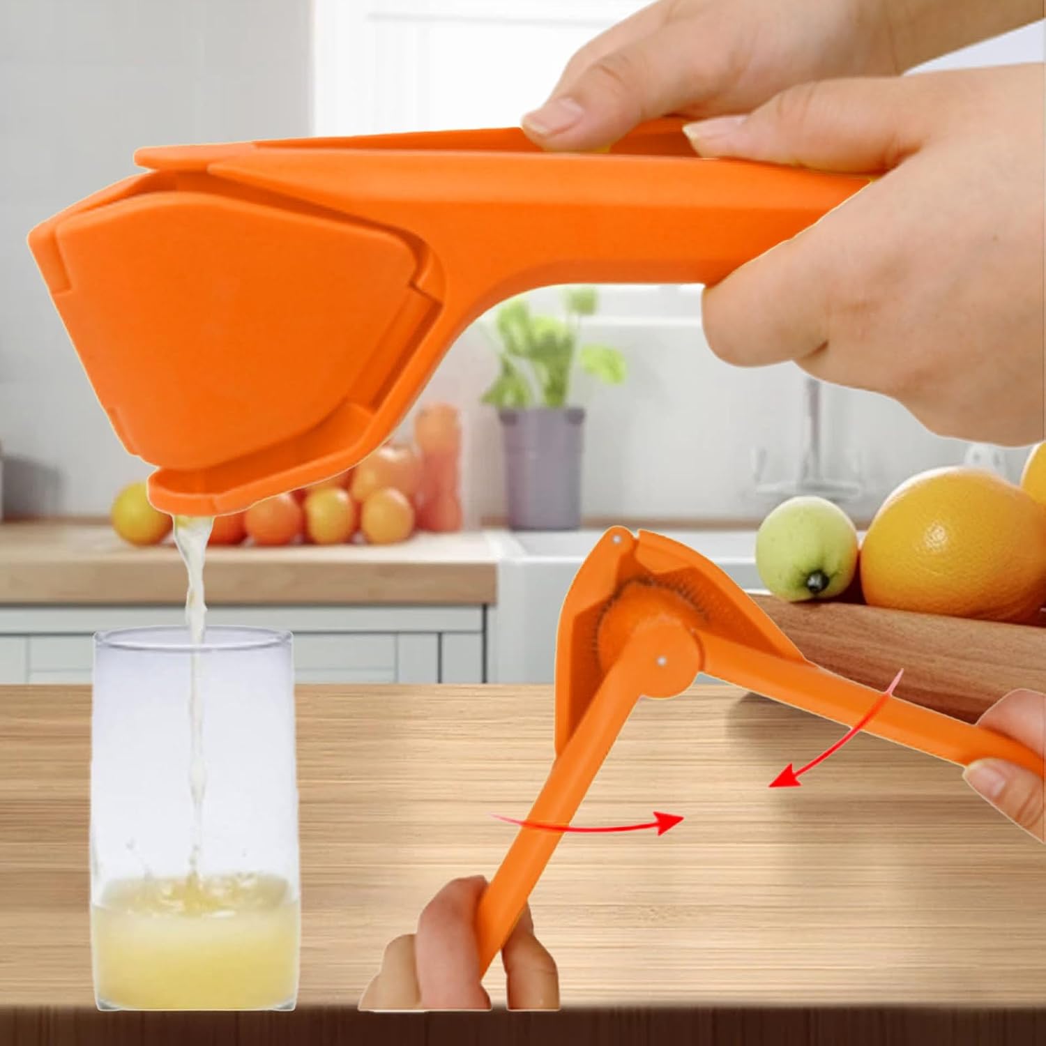 An orange manual citrus juicer being demonstrated by hands over a glass of juice, with a second view showing the folding motion and red arrows indicating operation. The background is a softly blurred kitchen setting with fruit on a counter.