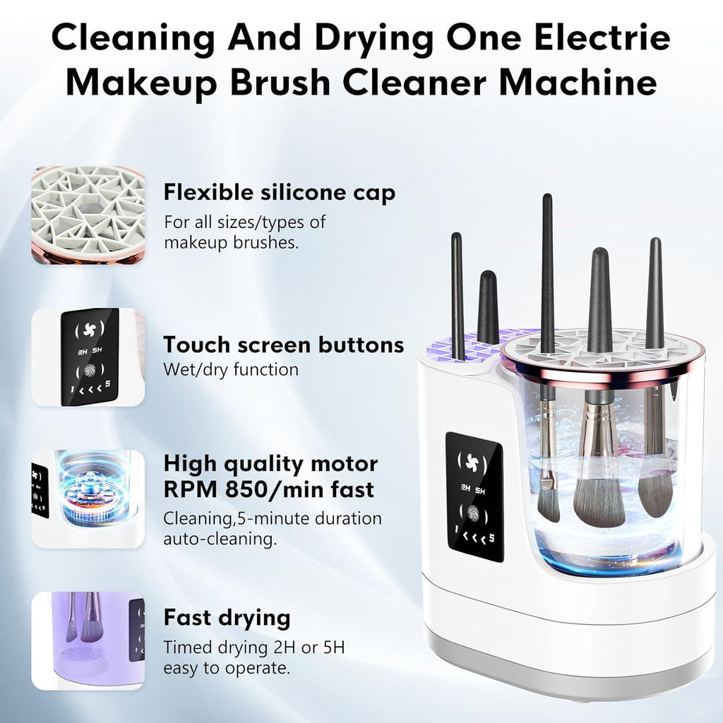 Infographic showing the features and cleaning modes of the Beiryta electric makeup brush cleaner.