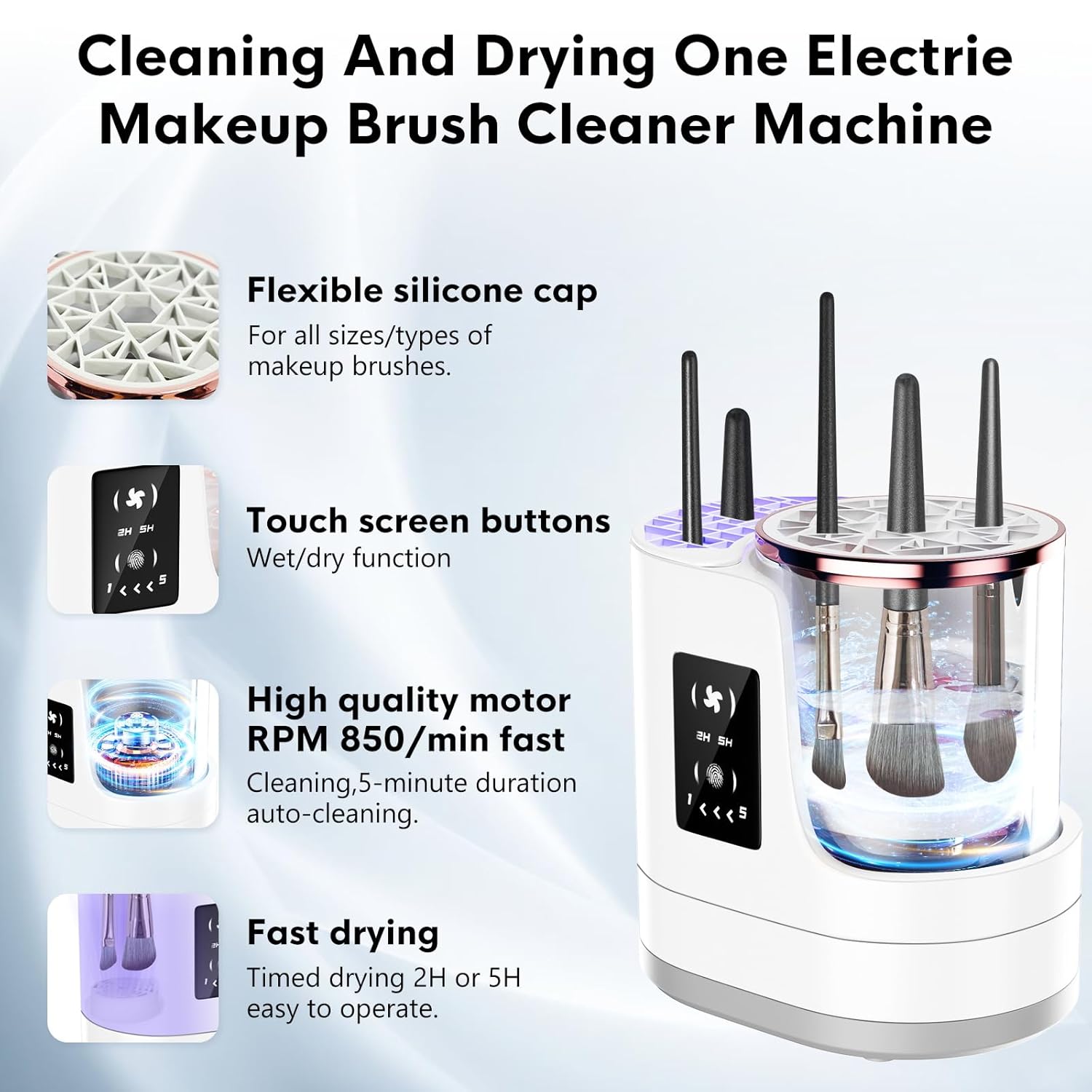 Infographic showing the features and cleaning modes of the Beiryta electric makeup brush cleaner.